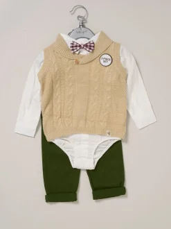Little Gent True Knit Vest, Bodysuit, Trousers and Bow Tie Brown Set