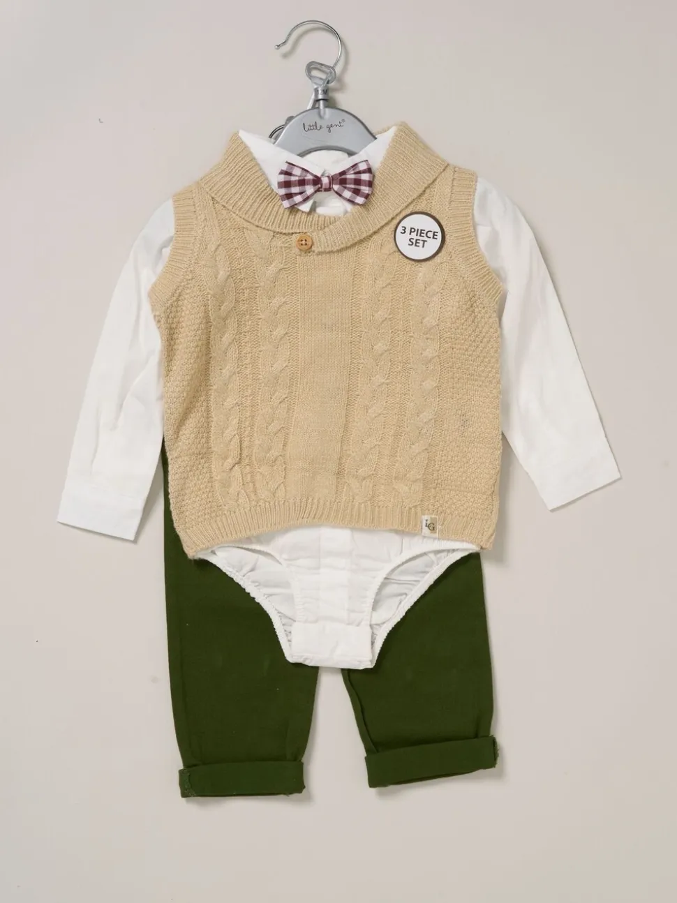 Little Gent True Knit Vest, Bodysuit, Trousers and Bow Tie Brown Set