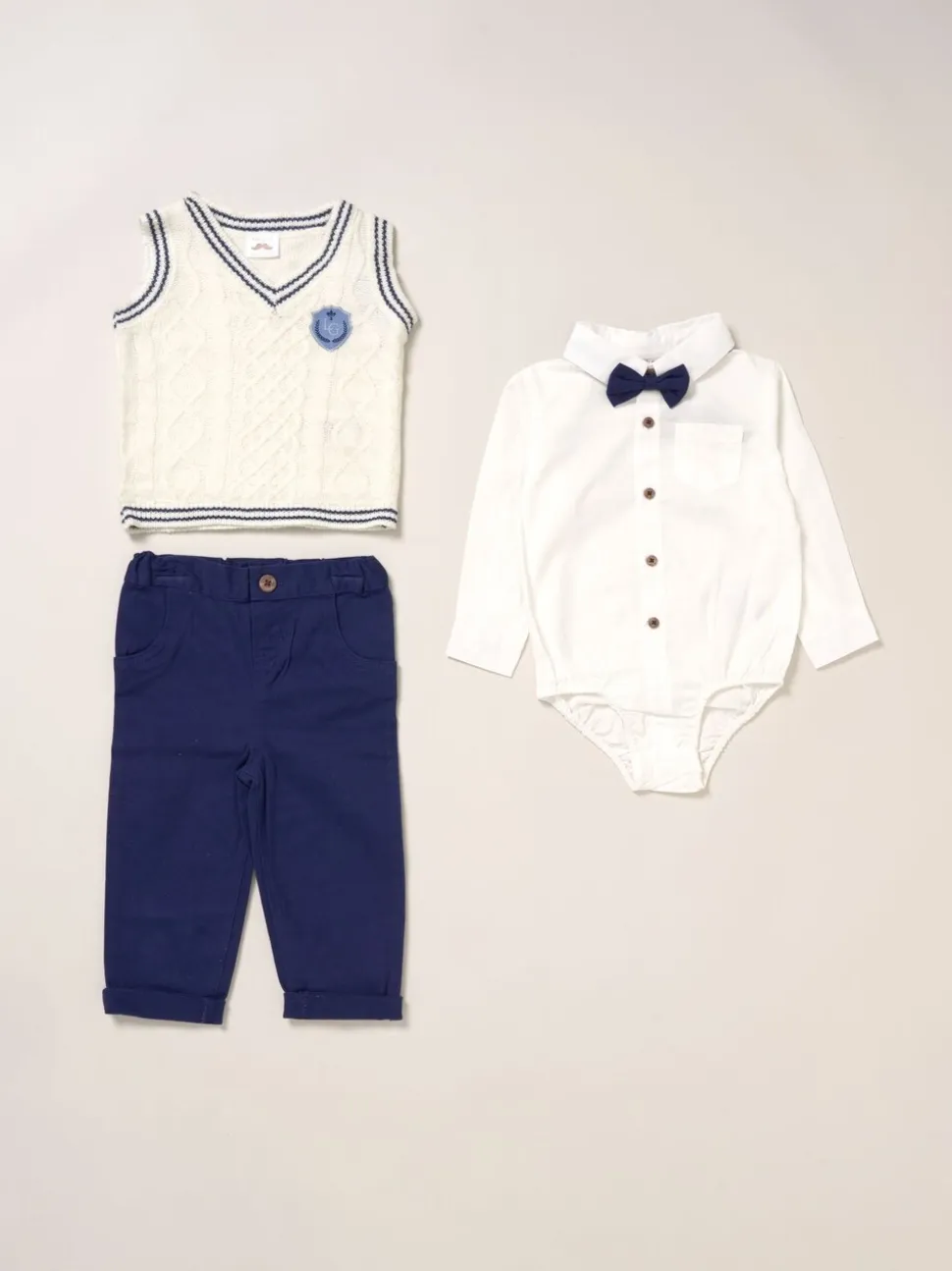 Little Gent True Knit Vest, Bodysuit, Trousers and Bow Tie White Set
