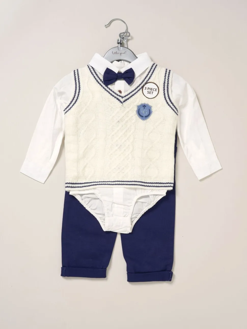 Little Gent True Knit Vest, Bodysuit, Trousers and Bow Tie White Set
