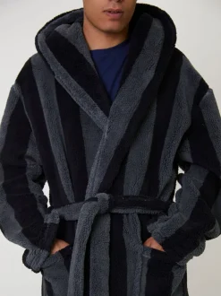 Loungeable Stripe Sherpa Hooded Dressing Gown