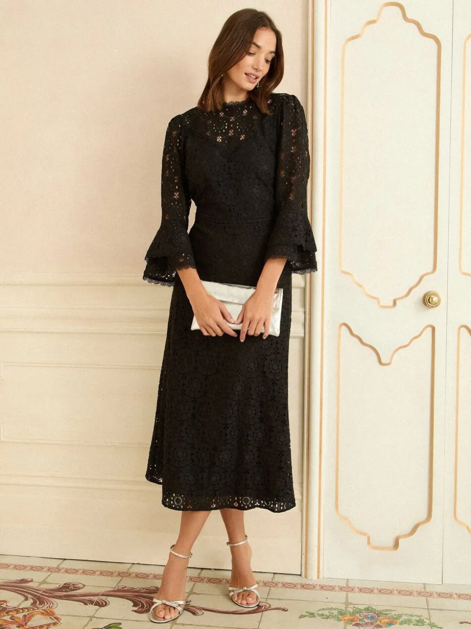 Love & Roses Lace Flute Sleeve Midi Dress