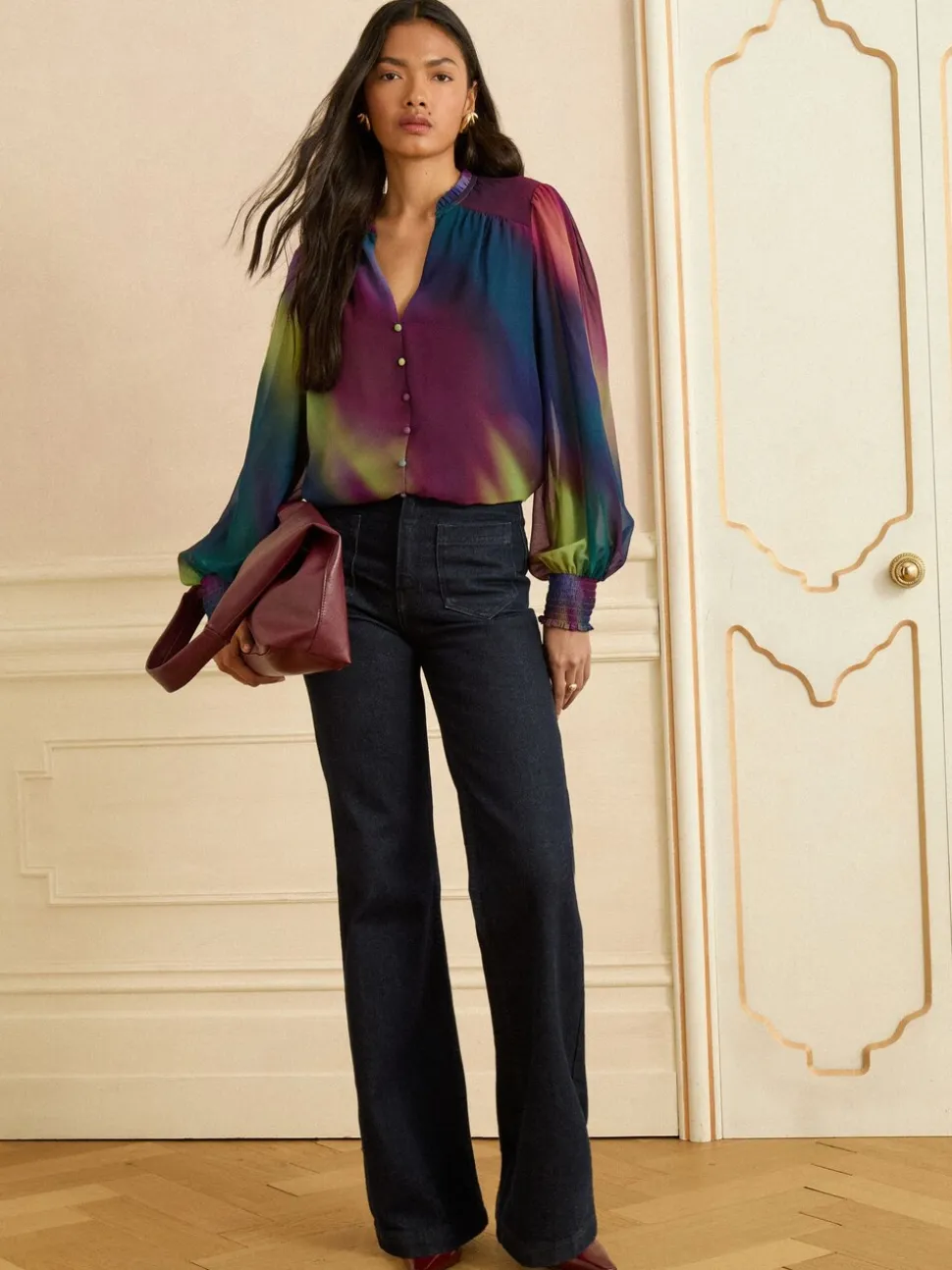 Love & Roses Long Sleeve Notch Neck Blouse