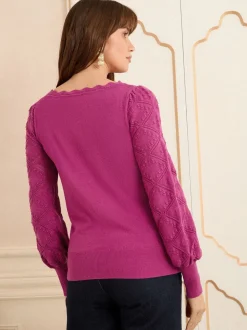 Magenta-roze - Love & Roses gebreide trui met noppensteek en geschulpte rand
