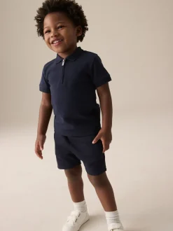 Marinablauw getextureerd - Set van poloshirt met korte mouwen en short (3mnd-7jr)