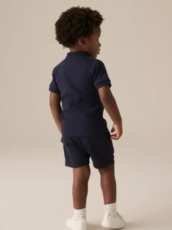 Marinablauw getextureerd - Set van poloshirt met korte mouwen en short (3mnd-7jr)