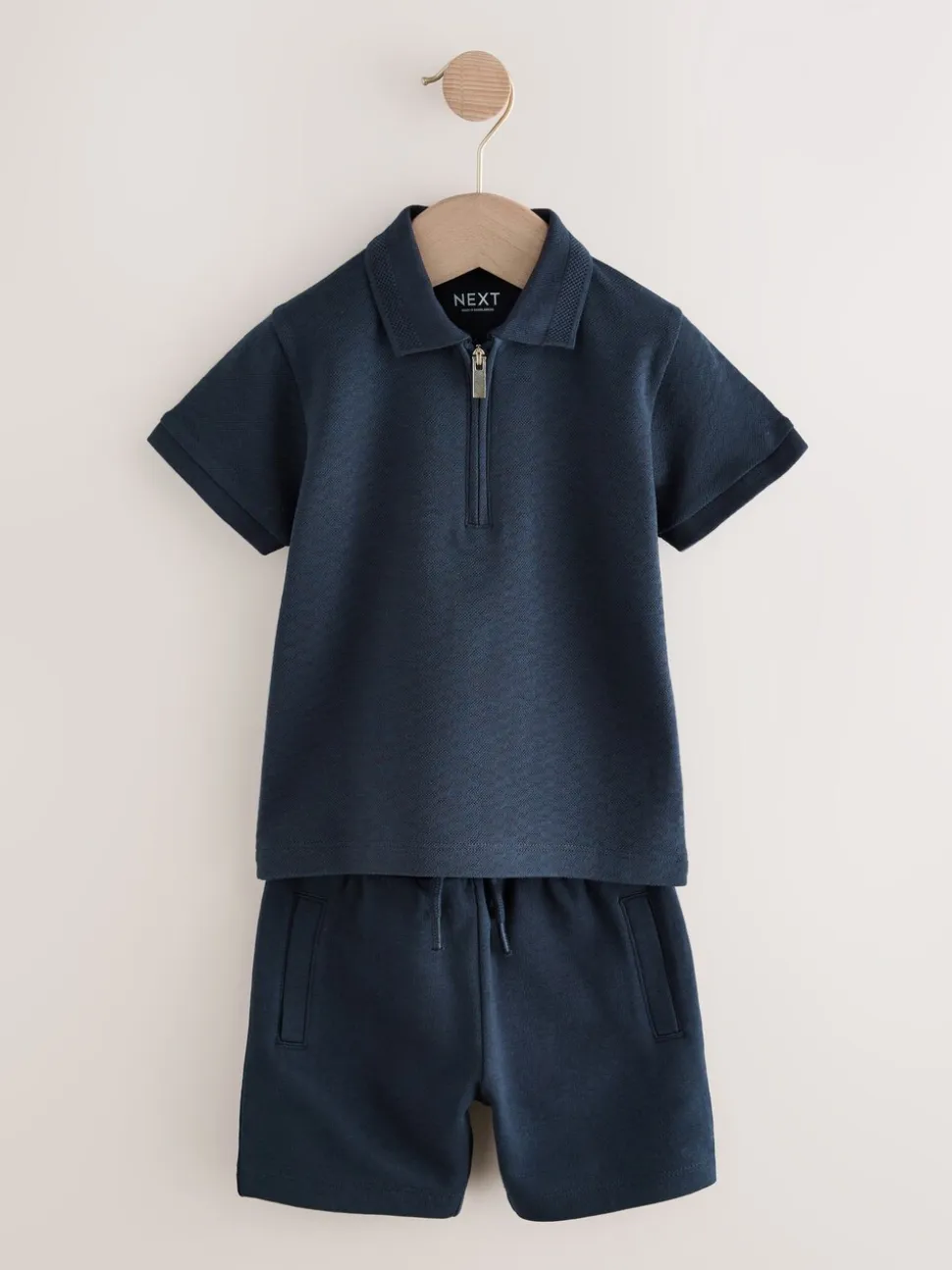 Marinablauw getextureerd - Set van poloshirt met korte mouwen en short (3mnd-7jr)