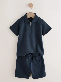 Marinablauw getextureerd - Set van poloshirt met korte mouwen en short (3mnd-7jr)