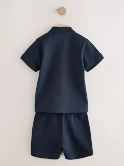 Marinablauw getextureerd - Set van poloshirt met korte mouwen en short (3mnd-7jr)