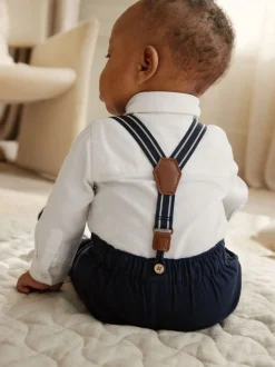 Marineblauw - 4 -delige babyset van overhemd, broek en bretels (0mnd-2jr)