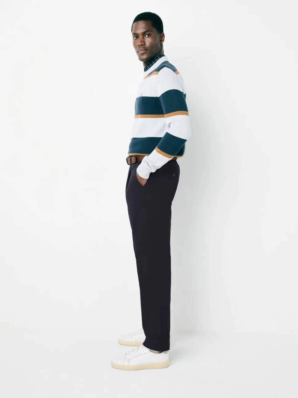 Marineblauw - Belted Soft Touch Pleated Chino Trousers