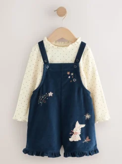 Marineblauw - Bunny Corduroy Dungarees Top and Tights Set (3mths-7yrs)