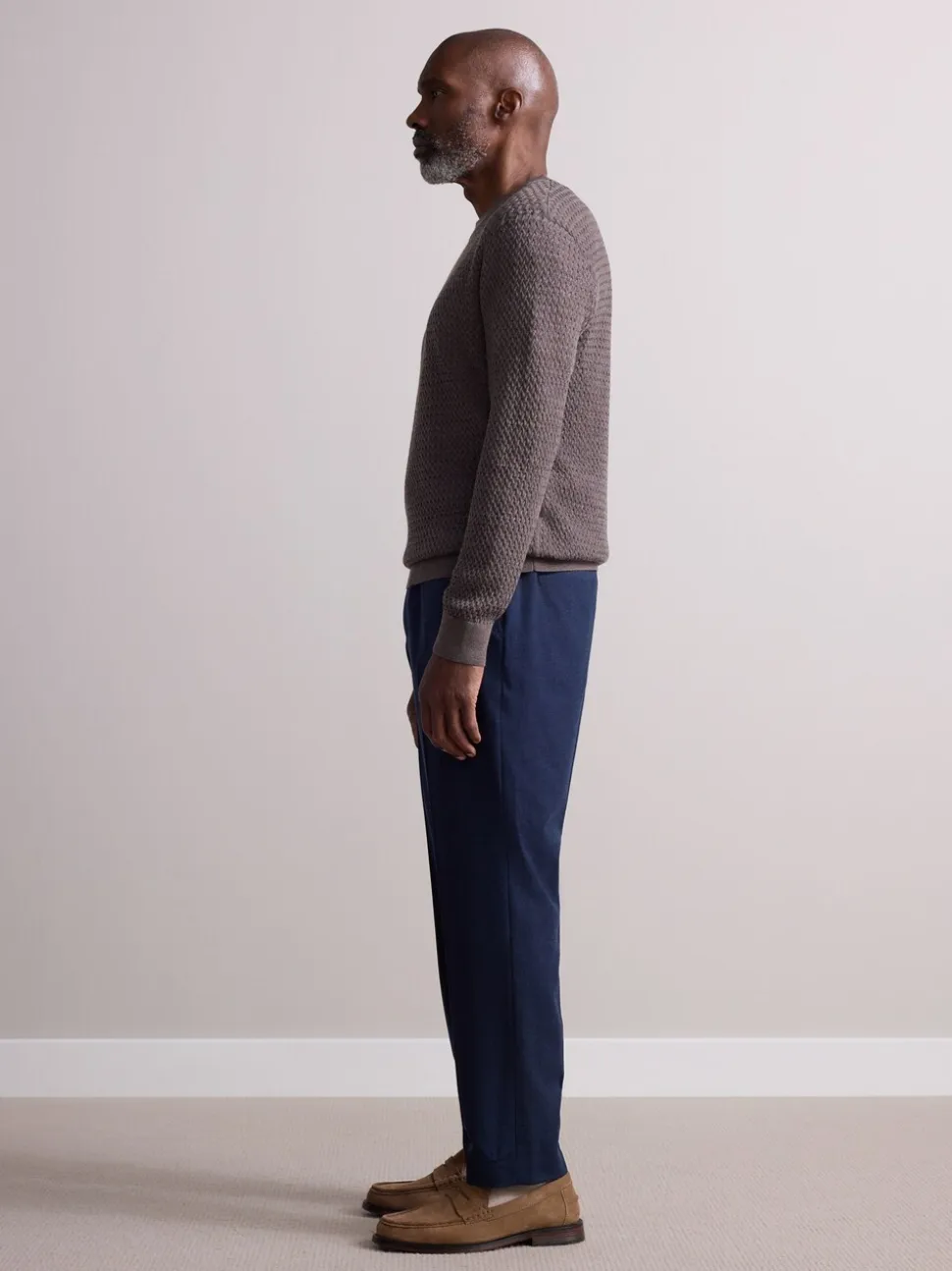 Marineblauw - Elasticated Waist Wool Rich Textured Formal Trousers