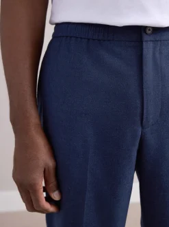 Marineblauw - Elasticated Waist Wool Rich Textured Formal Trousers