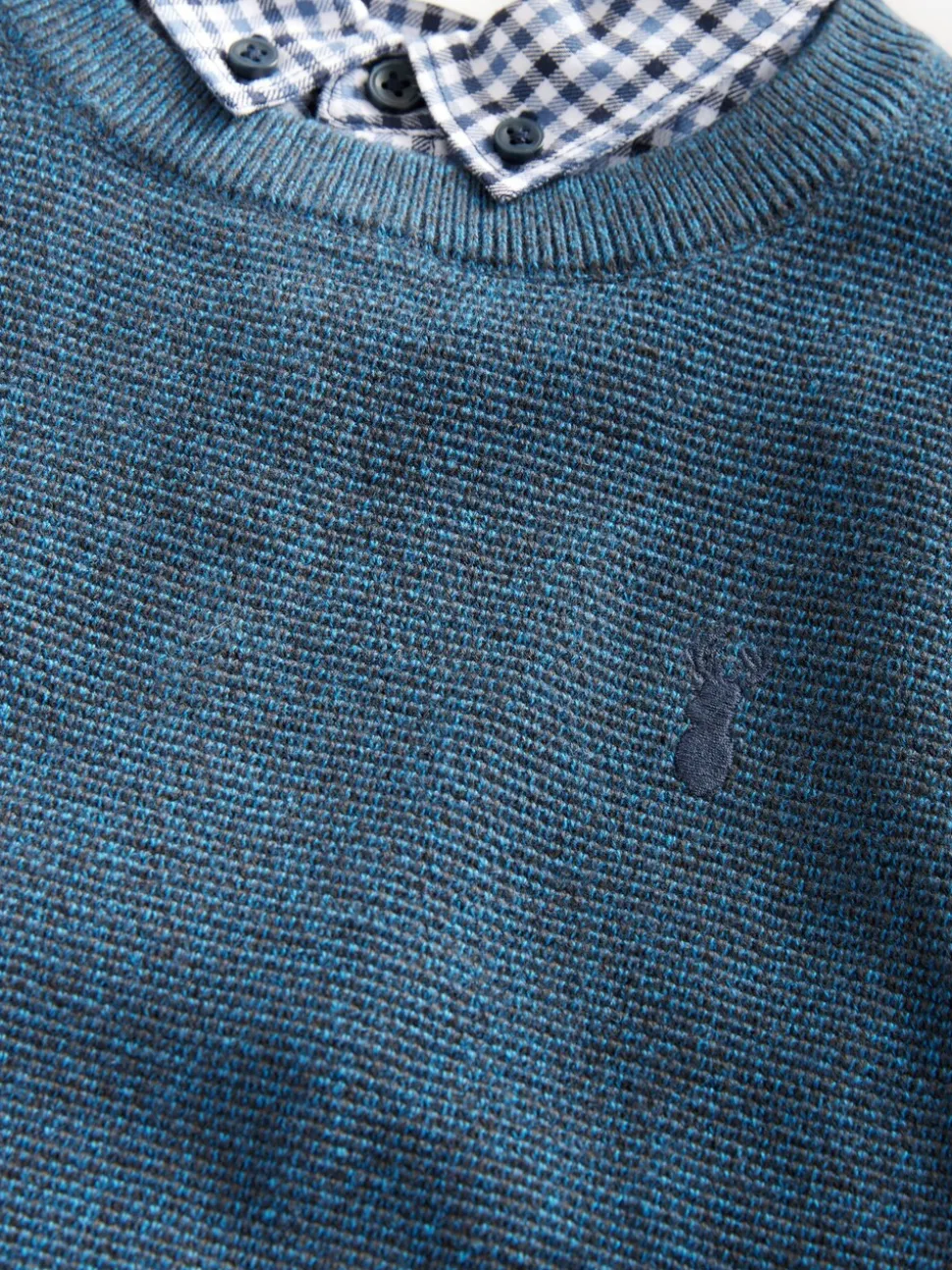 Marineblauw - Geruit overhemd en Trui met Ronde hals van 100% Katoen (3-16jr)