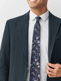 Marineblauw - Italiaanse zijden stropdas met bloemenprintontwerp