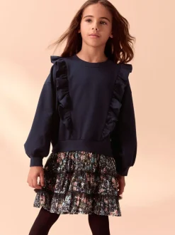 Marineblauw - Laura Ashley - Mock-sweatjurk met ruche