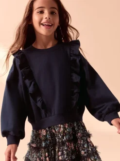 Marineblauw - Laura Ashley - Mock-sweatjurk met ruche