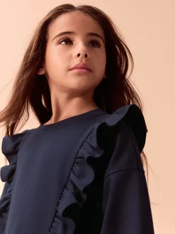 Marineblauw - Laura Ashley - Mock-sweatjurk met ruche