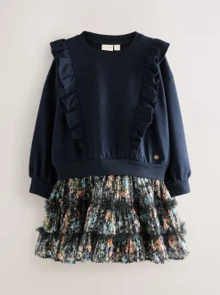 Marineblauw - Laura Ashley - Mock-sweatjurk met ruche