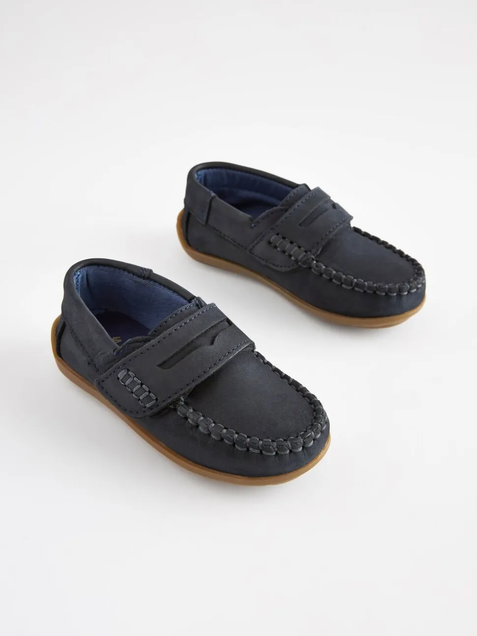 Marineblauw - Leren pennyloafers met klittenbandsluiting