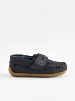 Marineblauw - Leren pennyloafers met klittenbandsluiting