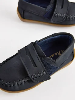 Marineblauw - Leren pennyloafers met klittenbandsluiting