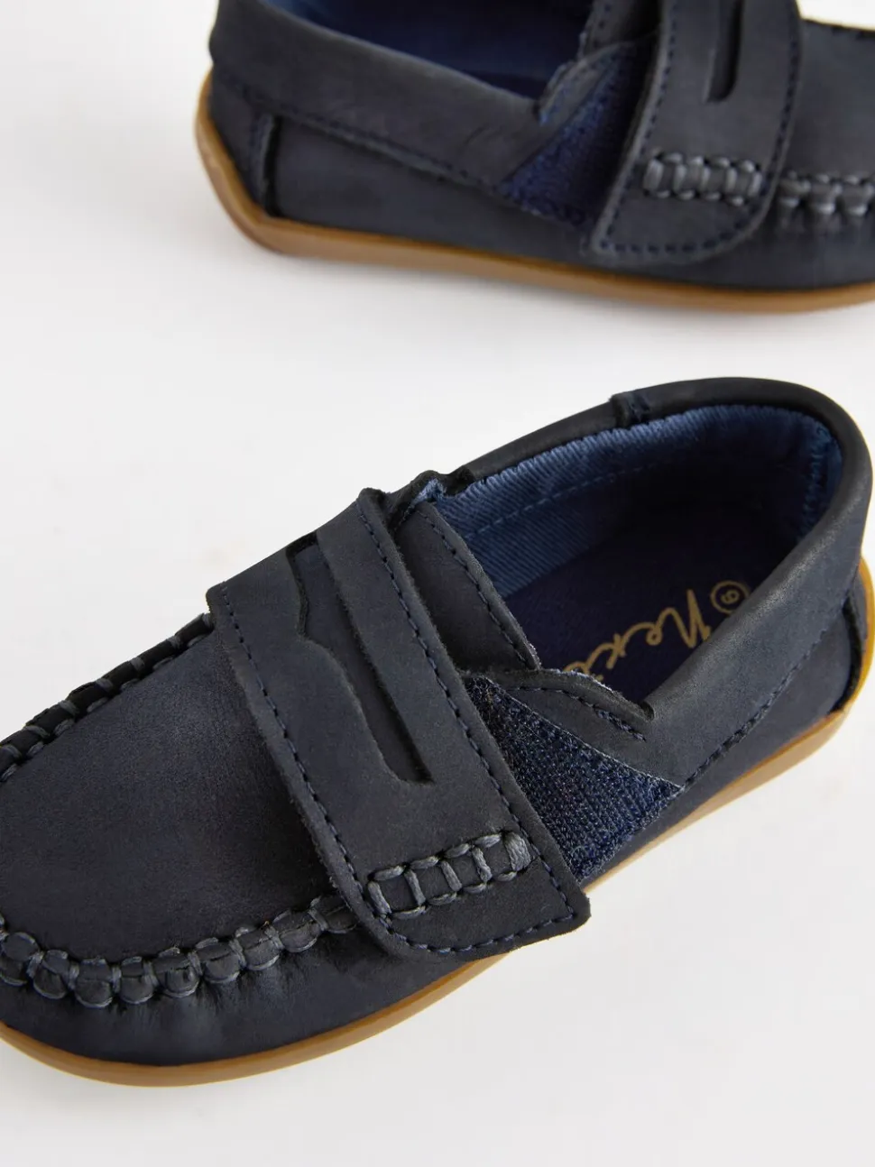 Marineblauw - Leren pennyloafers met klittenbandsluiting