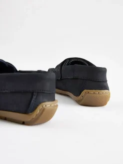 Marineblauw - Leren pennyloafers met klittenbandsluiting