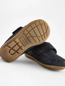 Marineblauw - Leren pennyloafers met klittenbandsluiting