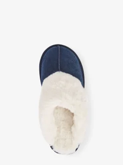 Marineblauw - Met imitatiebont gevoerde suède pantoffelmuiltjes