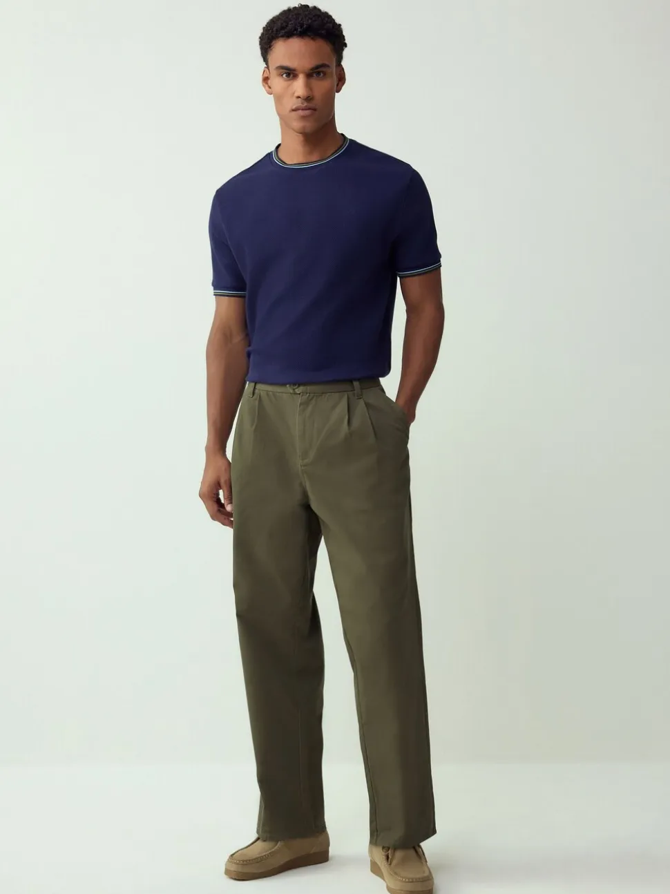 Marineblauw - Regular Fit & 100% Cotton Textured Tipped T-Shirt