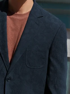 Marineblauw - Regular-fit Nova Fides kostuumjasje van Italiaanse stof met gehaakt patroon