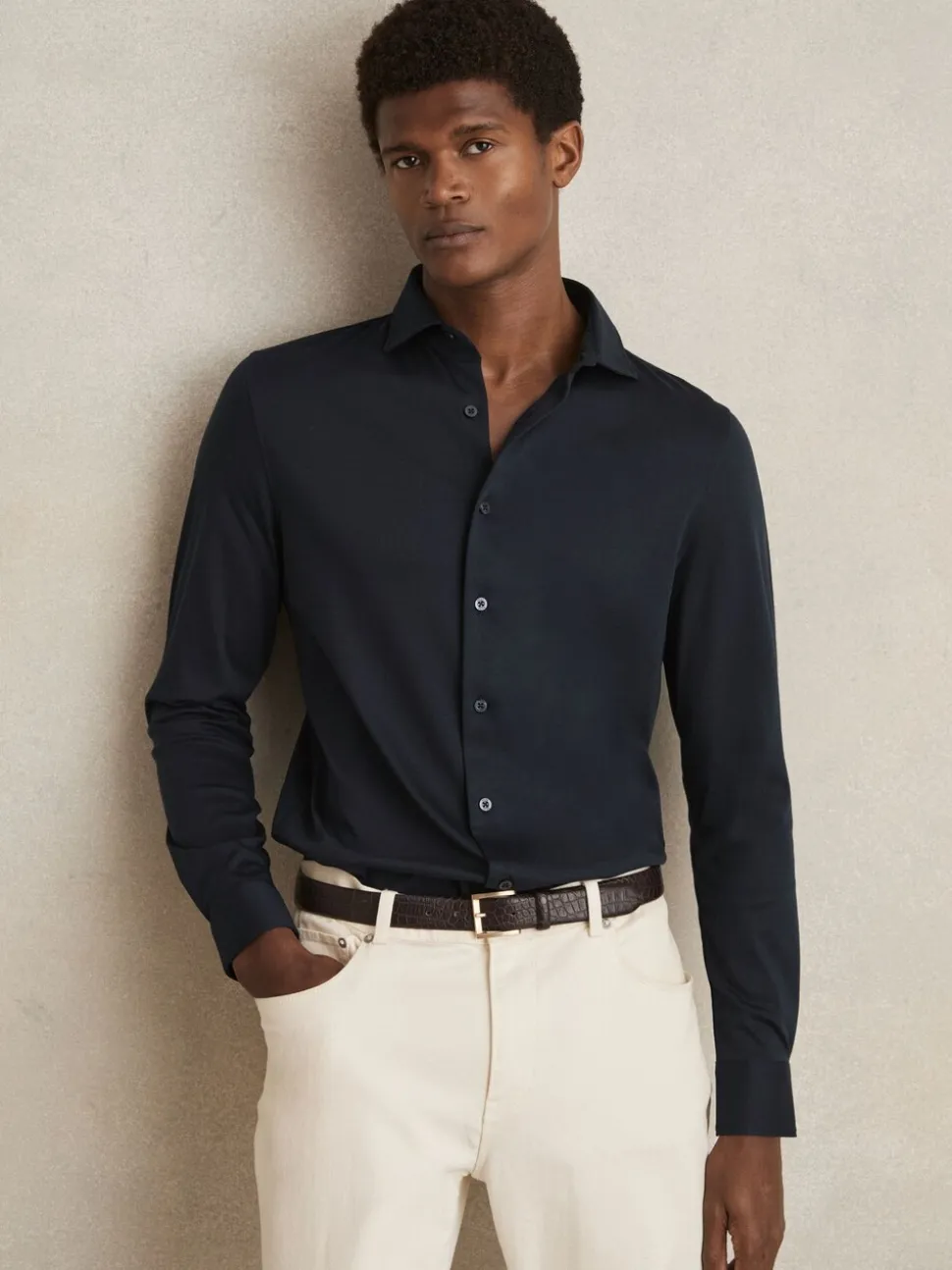 Marineblauw - Reiss Duke Air-Water Cotton Slim-Fit Shirt