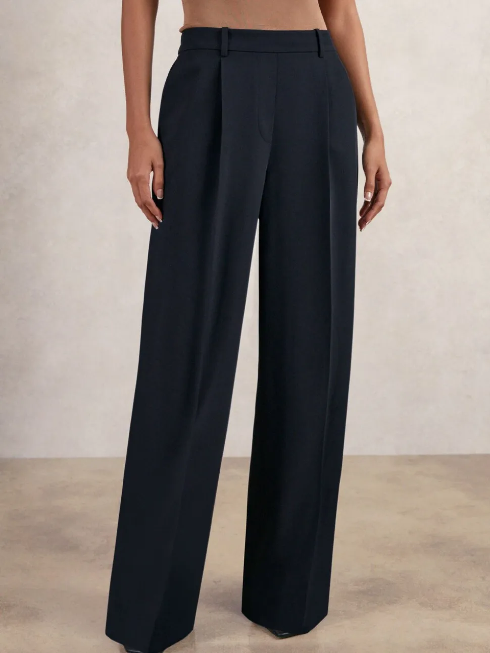 Marineblauw - Reiss Eden wijde broek van keperstof met elastische tailleband