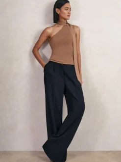 Marineblauw - Reiss Eden wijde broek van keperstof met elastische tailleband