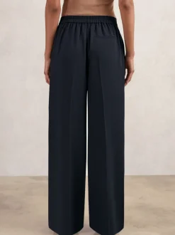 Marineblauw - Reiss Eden wijde broek van keperstof met elastische tailleband