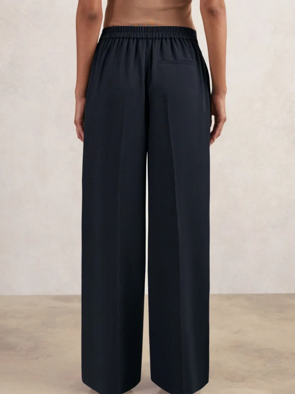 Marineblauw - Reiss Eden wijde broek van keperstof met elastische tailleband