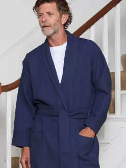 Marineblauw - Savile Row Company - Katoenen kamerjas met wafeldessin