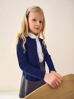Marineblauw - Schoolvest met kabelmotief van katoen (3-16jr)