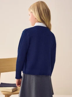 Marineblauw - Schoolvest met kabelmotief van katoen (3-16jr)