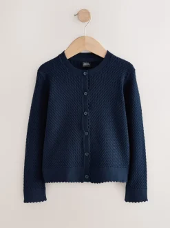 Marineblauw - Schoolvest met kabelmotief van katoen (3-16jr)