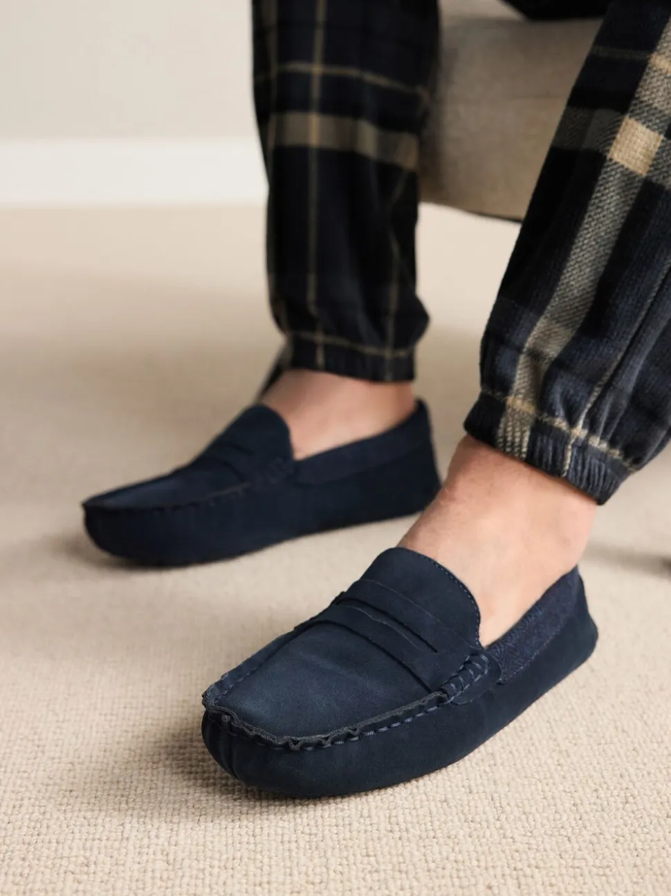 Marineblauw - Signature Suede Fabric Trim Moccasin Slippers
