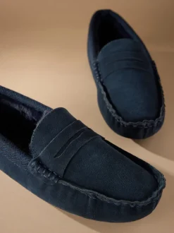 Marineblauw - Signature Suede Fabric Trim Moccasin Slippers