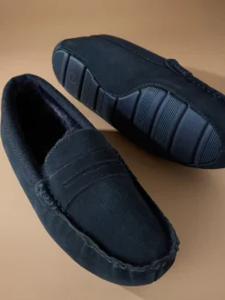 Marineblauw - Signature Suede Fabric Trim Moccasin Slippers