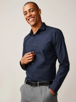 Marineblauw - Slim Fit - Strijkvrij net overhemd met enkele manchet