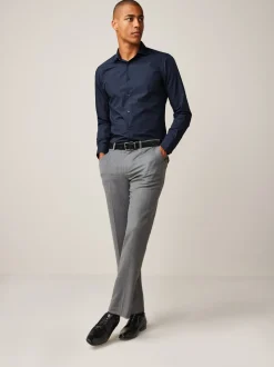 Marineblauw - Slim Fit - Strijkvrij net overhemd met enkele manchet