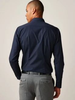 Marineblauw - Slim Fit - Strijkvrij net overhemd met enkele manchet