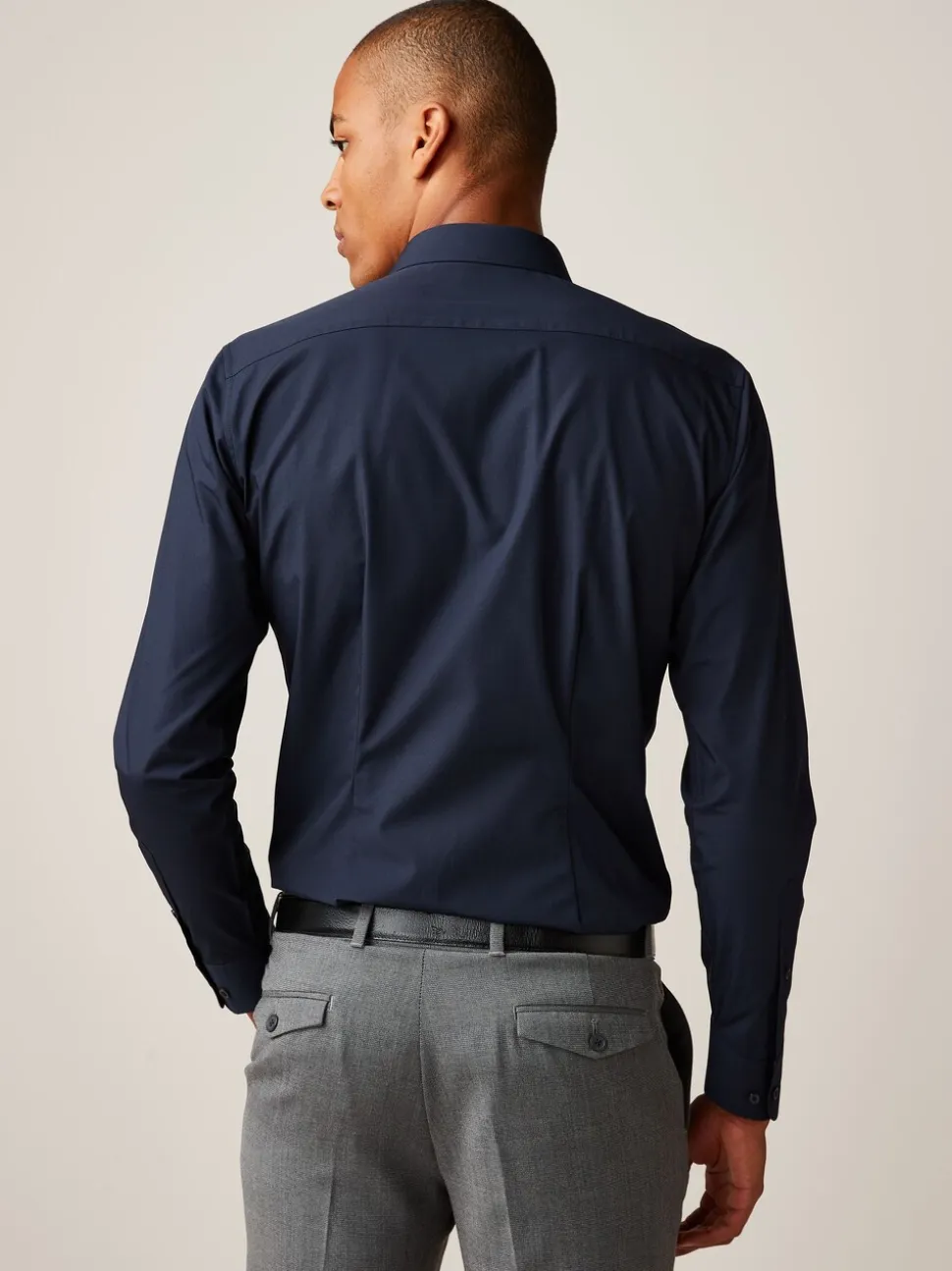 Marineblauw - Slim Fit - Strijkvrij net overhemd met enkele manchet