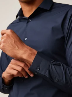 Marineblauw - Slim Fit - Strijkvrij net overhemd met enkele manchet